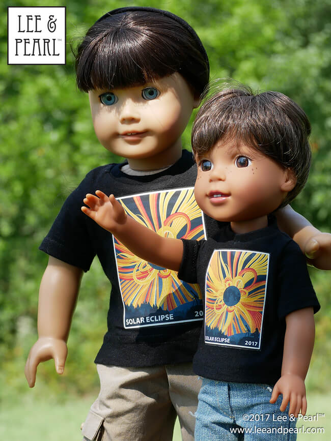 It's the perfect wardrobe basic, now lovingly redesigned for A Girl for All Time dolls and Wellie Wisher and similar dolls — as well as American Girl dolls. Introducing Lee & Pearl Pattern 1001: Unisex T-Shirts for 18 inch, 16 inch and 14 1/2 inch dolls. Make great relaxed fit t-shirts with V-neck or crew lie-flat collars and carefully drafted slender sleeves in two lengths, perfect for layering under anything you like. Find this great basics pattern in the Lee & Pearl Etsy store.