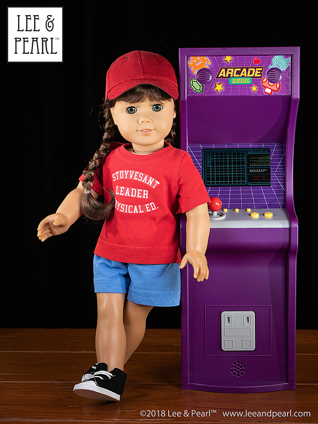 Make your own iconic Big 80s MTV look for 18 Inch American Girl dolls with Lee & Pearl Pattern 1001: Unisex T-Shirts, Pattern 1008: Classic Ball Cap and Trucker Hat, and Pattern 101: Gym Shorts for Dolls.