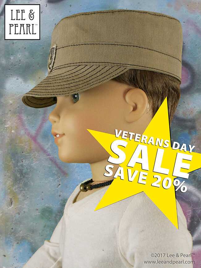 Happy Veterans Day! Join us in honoring our valiant armed forces with a 20% OFF SALE on every just-like-the-real-thing Lee & Pearl military uniform sewing pattern for 18 inch dolls. This sale includes our ARMY COMBAT UNIFORM pattern, our PATROL CAP and BUSH HAT patterns — and our already-discounted multi-pattern Military Uniform, Caps and Hats BUNDLE for 18 Inch Dolls. This sale will only last for ONE DAY — ending at midnight on November 11, 2019. Don’t miss out!