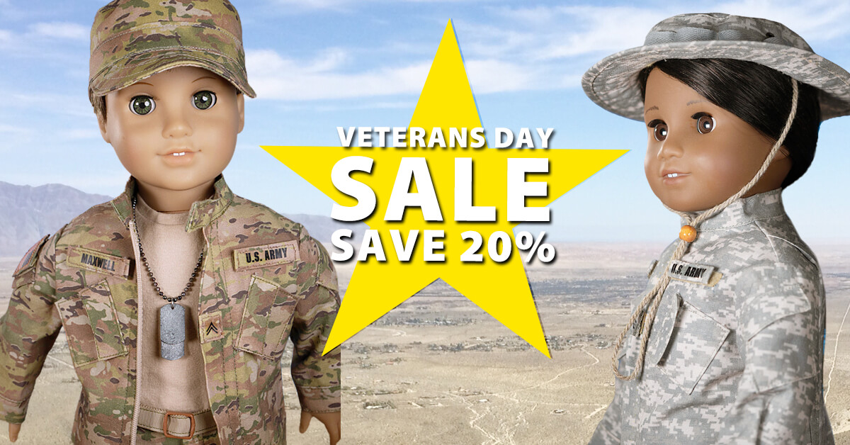 Happy Veterans Day! Join us in honoring our valiant armed forces with a 20% OFF SALE on every just-like-the-real-thing Lee & Pearl military uniform sewing pattern for 18 inch dolls. This sale includes our ARMY COMBAT UNIFORM pattern, our PATROL CAP and BUSH HAT patterns — and our already-discounted multi-pattern Military Uniform, Caps and Hats BUNDLE for 18 Inch Dolls. This sale will only last for ONE DAY — ending at midnight on November 11, 2019. Don’t miss out!
