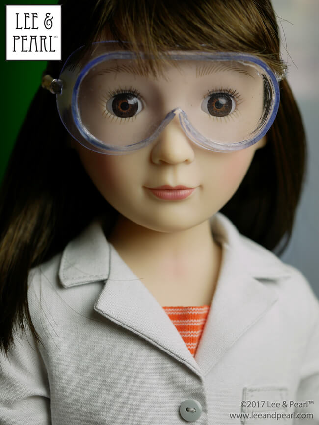 We made these adorable safety glasses for dolls using heavyweight clear vinyl from our MYSTERY BAG SALE — and Lee & Pearl Pattern 1025: She Blinded Me with Science Lab Coat and Safety Goggles for 18 Inch, 16 Inch and 14 1/2 Inch Dolls.