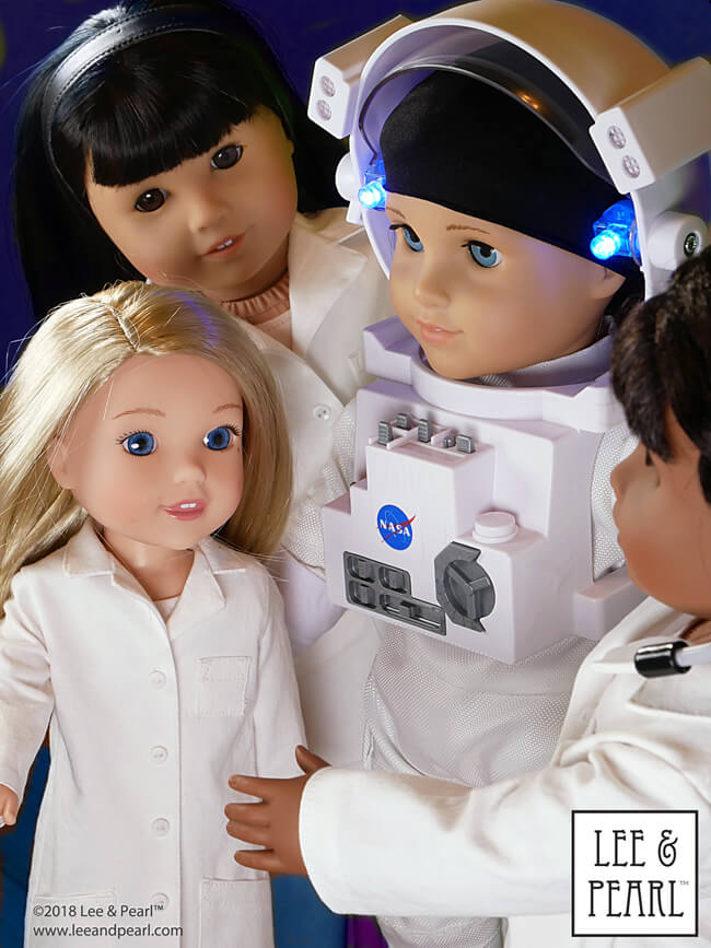 Lee & Pearl ♥ SPACE! We’re so excited about American Girl’s 2018 SPACE theme. We got ahead of the STEM curve last year with our Pattern 1025: She Blinded Me with Science Unisex Lab Coat (or Unlined Coat) and Safety Goggles for Dolls — but this pattern will be our FREE GIFT to mailing list subscribers for only a little while longer. Don't miss out. Sign up for our mailing list soon at http://leeandpearl.com/index.html#freepattern to make sure your dolls are science lab and space station ready!