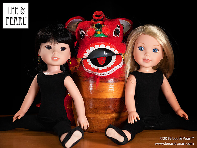 Happy Lunar New Year! Our adorable 14 1/2 inch WellieWishers perform a traditional Lion Dance wearing black stretch unitards and faux suede ballet slippers made using Lee & Pearl patterns!