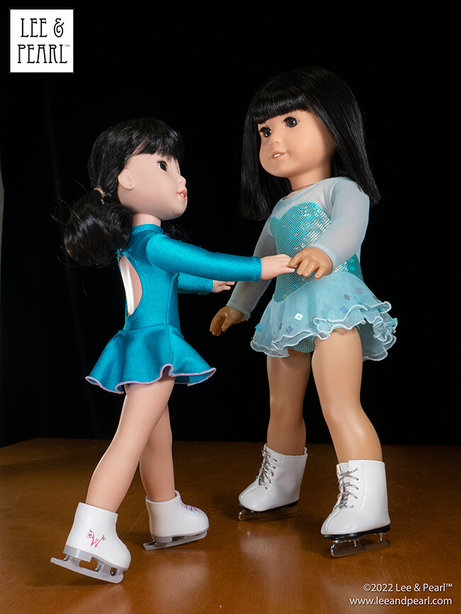 Check out this SNEAK PEEK of the COMING VERY SOON 14 1/2 inch WellieWishers and similar doll version of our Pattern 1055: Skating Dresses for 18 inch American Girl dolls!