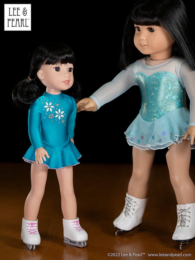 Check out this SNEAK PEEK of the COMING VERY SOON 14 1/2 inch WellieWishers and similar doll version of our Pattern 1055: Skating Dresses for 18 inch American Girl dolls!