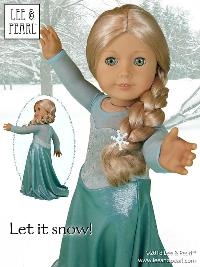Let it... SNOW! Our American Girl doll makes a fabulous frozen Snow Queen in her glittery aqua gown, made using Lee & Pearl Pattern 1055: Skating Dresses for 18 Inch Dolls, with additional flowing skirt pieces available as a FREE Tweak-the-Pattern newsletter feature.