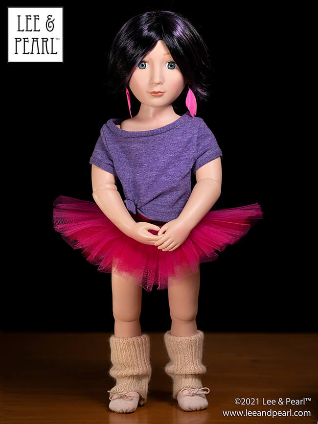 Introducing Pattern 1983: She's a Maniac Off-One-Shoulder Workout T-Shirt for Dolls! We're proud to present this brand new ‘80s / aerobics / workout and dance-inspired pattern for 18 inch American Girl®, 16 inch A Girl for All Time® and 14 ½ inch WellieWishers™ and similar dolls, now available in the Lee & Pearl Etsy store.