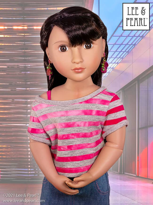 Introducing Pattern 1983: She's a Maniac Off-One-Shoulder Workout T-Shirt for Dolls! We're proud to present this brand new ‘80s / aerobics / workout and dance-inspired pattern for 18 inch American Girl®, 16 inch A Girl for All Time® and 14 ½ inch WellieWishers™ and similar dolls, now available in the Lee & Pearl Etsy store.