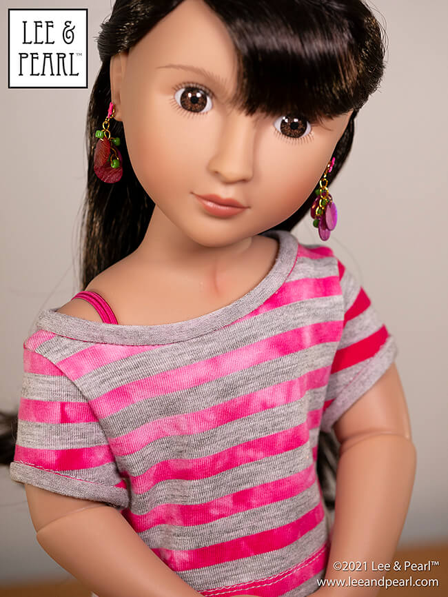 Introducing Pattern 1983: She's a Maniac Off-One-Shoulder Workout T-Shirt for Dolls! We're proud to present this brand new ‘80s / aerobics / workout and dance-inspired pattern for 18 inch American Girl®, 16 inch A Girl for All Time® and 14 ½ inch WellieWishers™ and similar dolls, now available in the Lee & Pearl Etsy store.