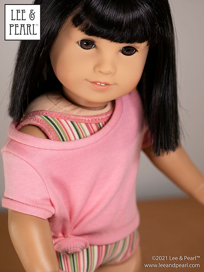 Introducing Pattern 1983: She's a Maniac Off-One-Shoulder Workout T-Shirt for Dolls! We're proud to present this brand new ‘80s / aerobics / workout and dance-inspired pattern for 18 inch American Girl®, 16 inch A Girl for All Time® and 14 ½ inch WellieWishers™ and similar dolls, now available in the Lee & Pearl Etsy store.