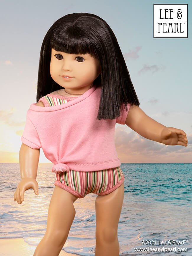 Introducing Pattern 1983: She's a Maniac Off-One-Shoulder Workout T-Shirt for Dolls! We're proud to present this brand new ‘80s / aerobics / workout and dance-inspired pattern for 18 inch American Girl®, 16 inch A Girl for All Time® and 14 ½ inch WellieWishers™ and similar dolls, now available in the Lee & Pearl Etsy store.