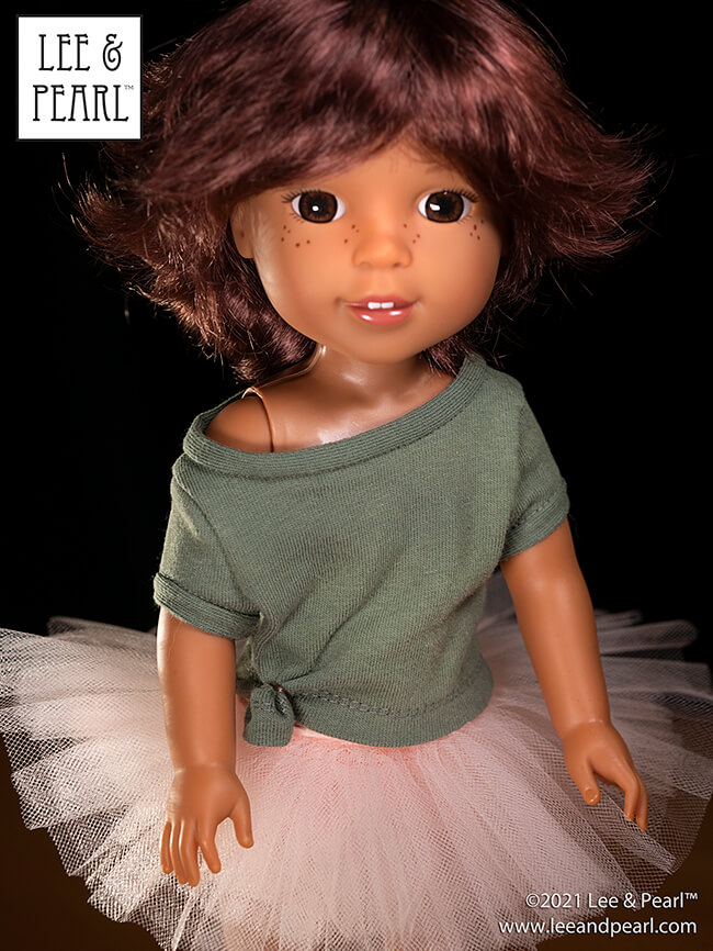 Introducing Pattern 1983: She's a Maniac Off-One-Shoulder Workout T-Shirt for Dolls! We're proud to present this brand new ‘80s / aerobics / workout and dance-inspired pattern for 18 inch American Girl®, 16 inch A Girl for All Time® and 14 ½ inch WellieWishers™ and similar dolls, now available in the Lee & Pearl Etsy store.