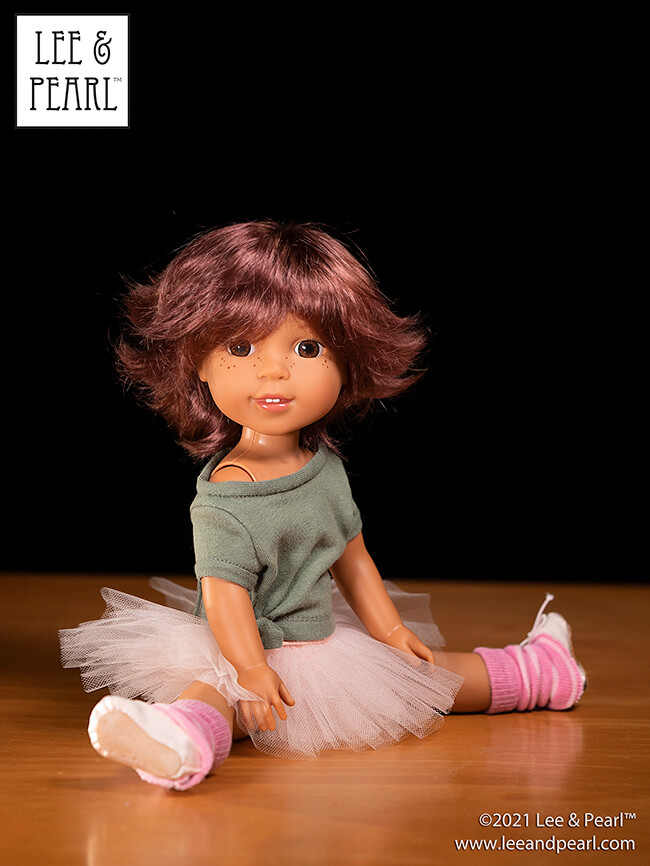Introducing Pattern 1983: She's a Maniac Off-One-Shoulder Workout T-Shirt for Dolls! We're proud to present this brand new ‘80s / aerobics / workout and dance-inspired pattern for 18 inch American Girl®, 16 inch A Girl for All Time® and 14 ½ inch WellieWishers™ and similar dolls, now available in the Lee & Pearl Etsy store.