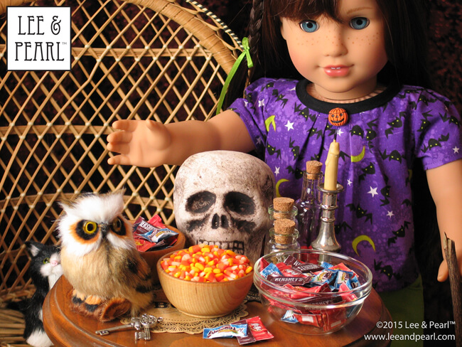 Come to the Lee & Pearl Halloween Party! We made a dozen beautiful costumes and cosplay for our 18" / American Girl dolls, with complete pattern references, fabric suggestions, accessory links and tutorials and prop suggestions. Join the party in the Lee & Pearl October 2015 Newsletter at http://www.leeandpearl.com/2015_10_newsletter.html#halloween_party
