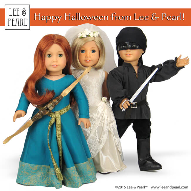 Princess... Bride... and Dread Pirate Roberts. Learn how to make all three costumes for 18" / American Girl dolls in the Lee & Pearl October 2015 Newsletter at www.leeandpearl.com