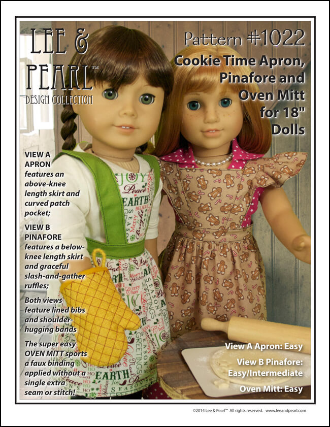 Perfect for the holidays — Lee & Pearl Pattern 1022: Cookie Time Apron, Pinafore and Oven Mitt for 18" Dolls