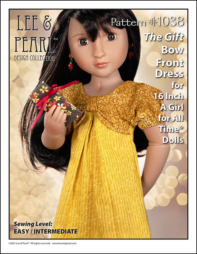 We are thrilled to welcome back Lee & Pearl Pattern 1038: The Gift Bow Front Dress for 18 Inch American Girl, 16 Inch A Girl for All Time and 14 1/2 Inch WellieWishers and similar dolls, which is now available for purchase in the Lee & Pearl Etsy shop in each size separately, or as a multi-size pattern at a reduced bundle price.