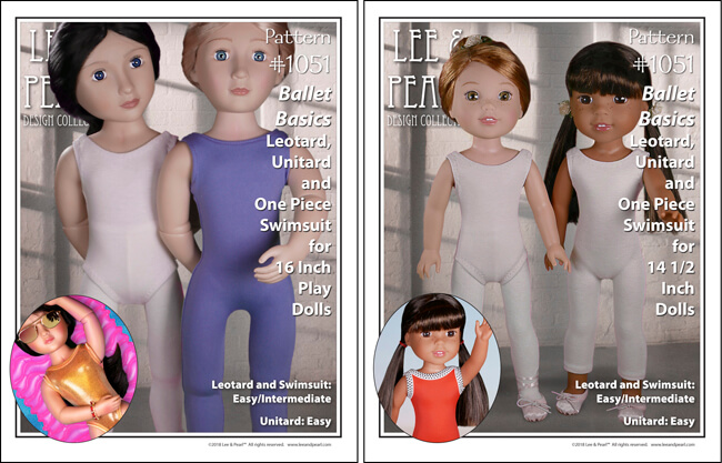 Introducing Lee & Pearl Pattern 1051: Ballet Basics Leotard, Unitard and One Piece Swimsuit for 18 Inch, 16 Inch and 14 1/2 Inch Dolls – an essential basics pattern, newly redesigned for a perfect, individualized fit on each doll size. This pattern is also a great introduction to working with stretch fabrics, as it includes our careful directions and NO SERGER? NO PROBLEM tips and tricks. Find this flexible basics pattern for American Girl, A Girl for All Time and Wellie Wisher dolls in the leeandpearl Etsy shop.
