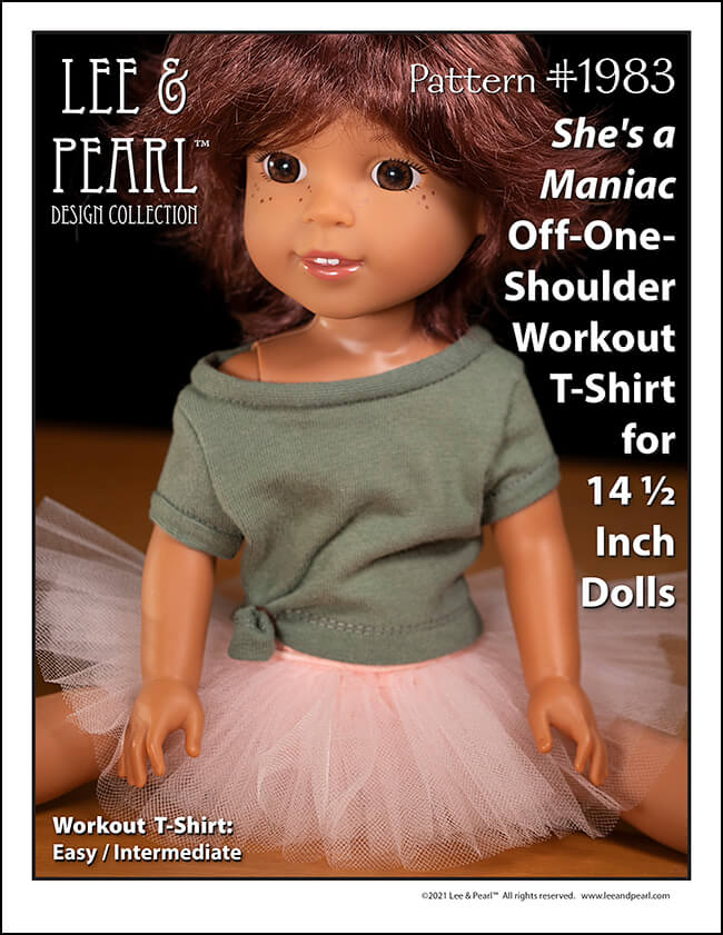 Introducing Pattern 1983: She's a Maniac Off-One-Shoulder Workout T-Shirt for Dolls! We're proud to present this brand new ‘80s / aerobics / workout and dance-inspired pattern for 14 ½ inch WellieWishers™ and similar dolls, now available in the Lee & Pearl Etsy store.