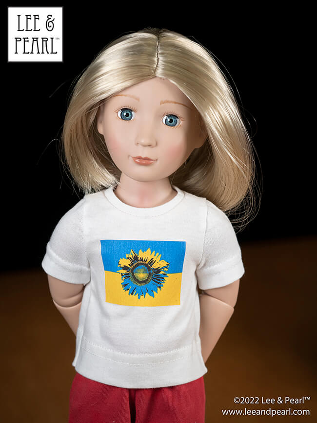 Lee & Pearl stand in solidarity with Ukraine. Mother Theresa once said — do small things, with great love. This is about the smallest thing we can do, but we offer it with all our love for the people of Ukraine in the horror they face. CLICK to visit our newsletter and download the FREE Ukraine Flag and Sunflower Heat Transfer for 18 Inch, 16 Inch and 14 1/2 Inch Doll T-Shirts Printable PDF. Thank you!