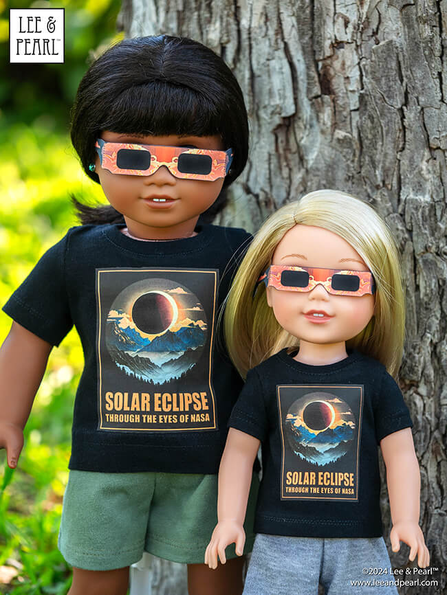 Get ready for the 2024 TOTAL SOLAR ECLIPSE with the heat transfer graphic and play eclipse glasses for dolls FREE PRINTABLE CRAFT PACKAGE from Lee & Pearl!