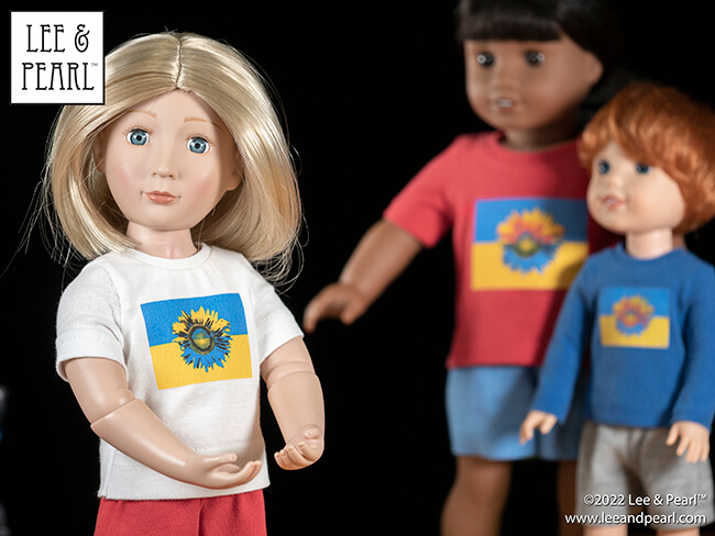 Lee & Pearl stand in solidarity with Ukraine. Mother Theresa once said — do small things, with great love. This is about the smallest thing we can do, but we offer it with all our love for the people of Ukraine in the horror they face. CLICK to visit our newsletter and download the FREE Ukraine Flag and Sunflower Heat Transfer for 18 Inch, 16 Inch and 14 1/2 Inch Doll T-Shirts Printable PDF. Thank you!