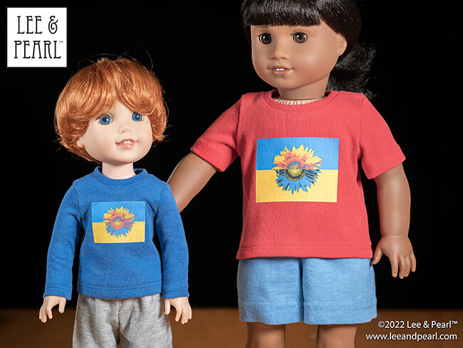 Lee & Pearl stand in solidarity with Ukraine. Mother Theresa once said — do small things, with great love. This is about the smallest thing we can do, but we offer it with all our love for the people of Ukraine in the horror they face. CLICK to visit our newsletter and download the FREE Ukraine Flag and Sunflower Heat Transfer for 18 Inch, 16 Inch and 14 1/2 Inch Doll T-Shirts Printable PDF. Thank you!