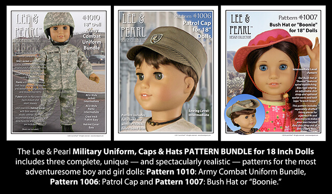 Introducing the Lee & Pearl Military Uniform Separates, Caps and Hats Pattern BUNDLE for 18 Inch American Girl Dolls. We are thrilled to present this collection of our favorite doll uniform separates and hat patterns, giving you ultimate mix-and-match flexibility for all your active, adventuresome 18 inch boy or girl dolls — at a significant discount from the separately purchased pattern prices.