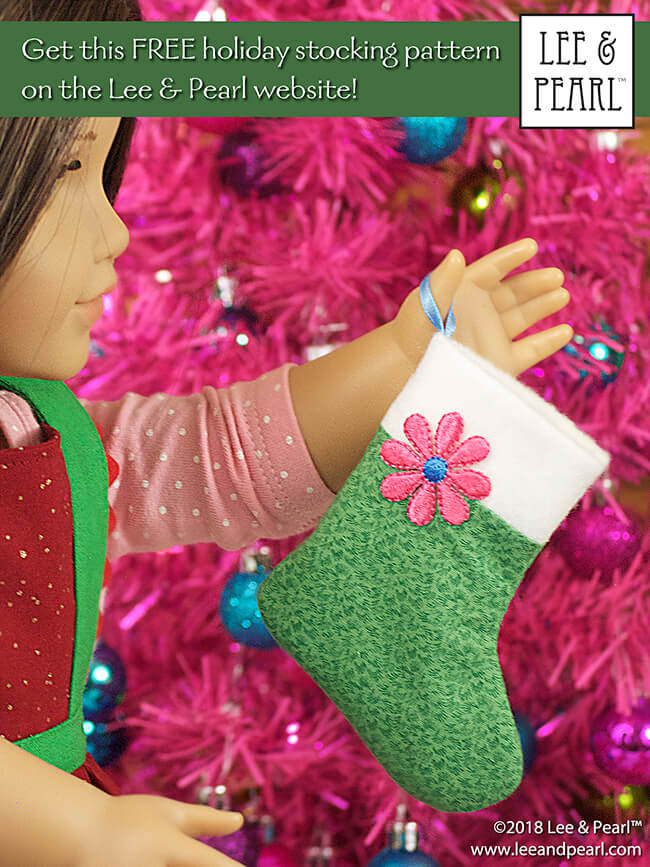 It's Day Four of Lee & Pearl Cyber Week, and we have lots of doll treats for you — a round-up of all our previous Christmas and Chanukah holiday crafts, like this easy-to-make fabric and felt stocking for dolls. Perfect for Christmas morning!