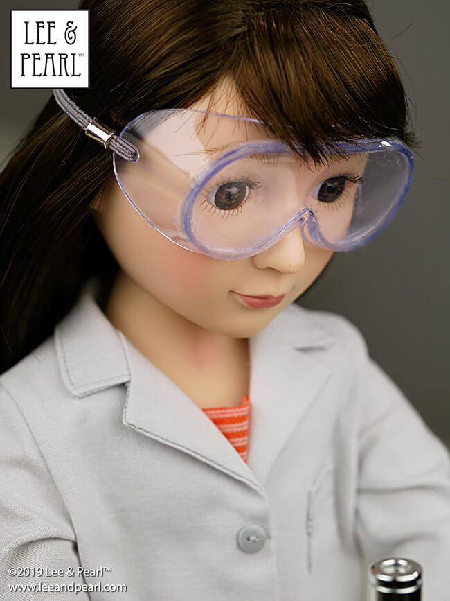 Lee & Pearl Pattern 1025: She Blinded Me with Science Unisex Lab Coat, Unlined Coat and Safety Goggles for 18 inch, 16 inch and 14 1/2 inch dolls is NOW AVAILABLE for purchase! We packed this pattern with just-like-the-real-thing features for all your STEM-lovers, astronauts, doctors and doll veterinarians. With the perfect fit of this versatile pattern you can make lab coats and goggles — or stylish jackets and raincoats as well! Find this pattern at https://www.etsy.com/shop/leeandpearl
