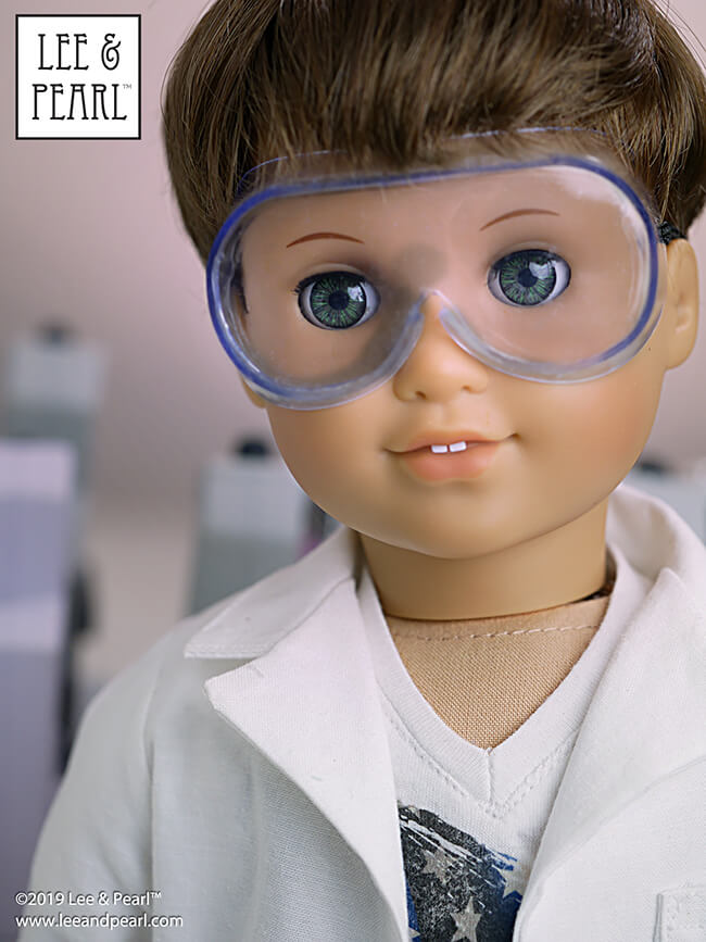 Lee & Pearl Pattern 1025: She Blinded Me with Science Unisex Lab Coat, Unlined Coat and Safety Goggles for 18 inch, 16 inch and 14 1/2 inch dolls is NOW AVAILABLE for purchase! We packed this pattern with just-like-the-real-thing features for all your STEM-lovers, astronauts, doctors and doll veterinarians. With the perfect fit of this versatile pattern you can make lab coats and goggles — or stylish jackets and raincoats as well! Find this pattern at https://www.etsy.com/shop/leeandpearl