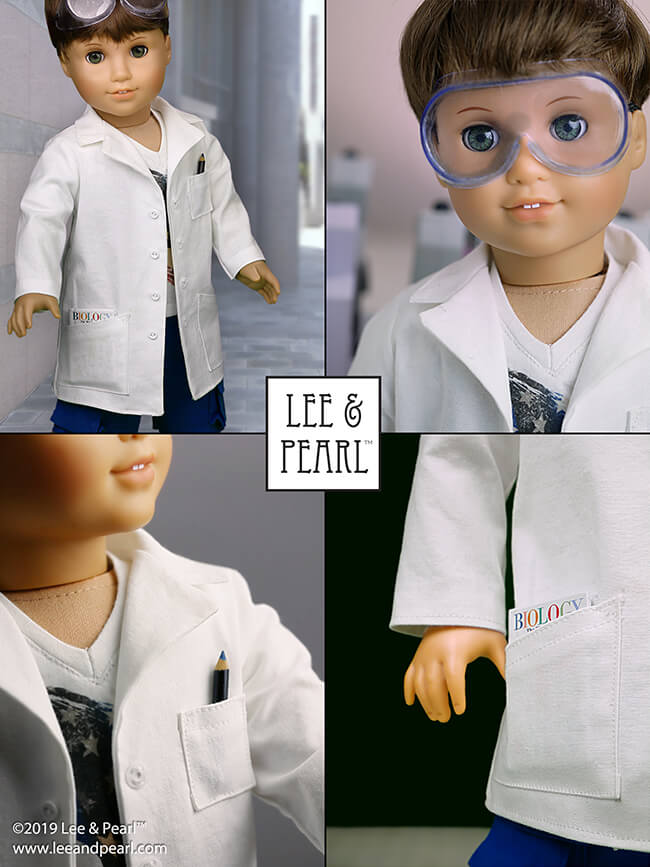 Lee & Pearl Pattern 1025: She Blinded Me with Science Unisex Lab Coat, Unlined Coat and Safety Goggles for 18 inch, 16 inch and 14 1/2 inch dolls is NOW AVAILABLE for purchase! We packed this pattern with just-like-the-real-thing features for all your STEM-lovers, astronauts, doctors and doll veterinarians. With the perfect fit of this versatile pattern you can make lab coats and goggles — or stylish jackets and raincoats as well! Find this pattern at https://www.etsy.com/shop/leeandpearl