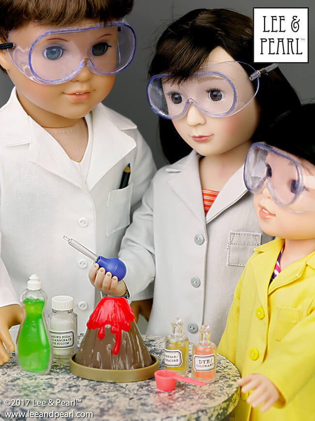 Lee & Pearl Pattern 1025: She Blinded Me with Science Unisex Lab Coat, Unlined Coat and Safety Goggles for 18 inch, 16 inch and 14 1/2 inch dolls is NOW AVAILABLE for purchase! We packed this pattern with just-like-the-real-thing features for all your STEM-lovers, astronauts, doctors and doll veterinarians. With the perfect fit of this versatile pattern you can make lab coats and goggles — or stylish jackets and raincoats as well! Find this pattern at https://www.etsy.com/shop/leeandpearl
