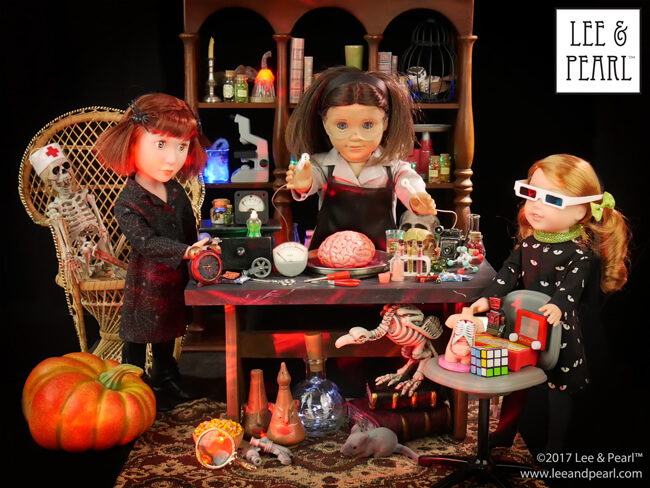 Welcome to the Lee & Pearl Mad Scientist Laboratory! Visit the lab with American Girl Doll Chrissa, A Girl for All Time Clementine and Wellie Wisher Willa — and see how we built and assembled their costumes, furniture, equipment and props, including a monstrously realistic doll brain painting tutorial. Then get our Pattern 1025: She Blinded Me with Science Unisex Lab Coat and Safety Goggles for Dolls as our FREE gift when you join the Lee & Pearl mailing list in 2017. Bwahahah!