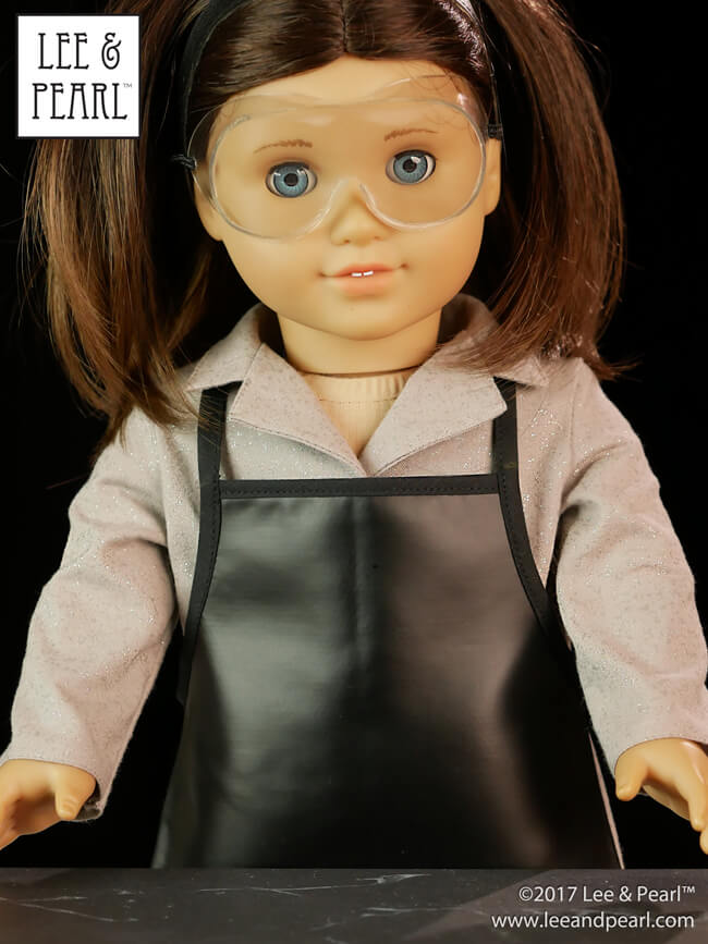 Welcome to the Lee & Pearl Mad Scientist Laboratory! Visit the lab with American Girl Doll Chrissa, A Girl for All Time Clementine and Wellie Wisher Willa — and see how we built and assembled their costumes, furniture, equipment and props, including a monstrously realistic doll brain painting tutorial. Then get our Pattern 1025: She Blinded Me with Science Unisex Lab Coat and Safety Goggles for Dolls as our FREE gift when you join the Lee & Pearl mailing list in 2017. Bwahahah!
