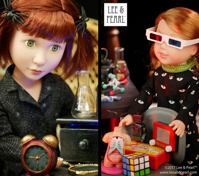 Welcome to the Lee & Pearl Mad Scientist Laboratory! Visit the lab with American Girl Doll Chrissa, A Girl for All Time Clementine and Wellie Wisher Willa — and see how we built and assembled their costumes, furniture, equipment and props, including a monstrously realistic doll brain painting tutorial. Then get our Pattern 1025: She Blinded Me with Science Unisex Lab Coat and Safety Goggles for Dolls as our FREE gift when you join the Lee & Pearl mailing list in 2017. Bwahahah!