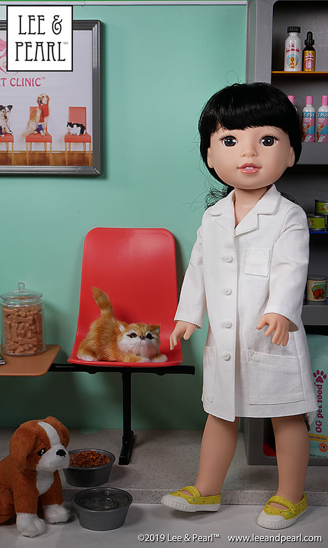 Lee & Pearl Pattern 1025: She Blinded Me with Science Unisex Lab Coat, Unlined Coat and Safety Goggles for 18 inch, 16 inch and 14 1/2 inch dolls is NOW AVAILABLE for purchase! We packed this pattern with just-like-the-real-thing features for all your STEM-lovers, astronauts, doctors and doll veterinarians. With the perfect fit of this versatile pattern you can make lab coats and goggles — or stylish jackets and raincoats as well! Find this pattern at https://www.etsy.com/shop/leeandpearl