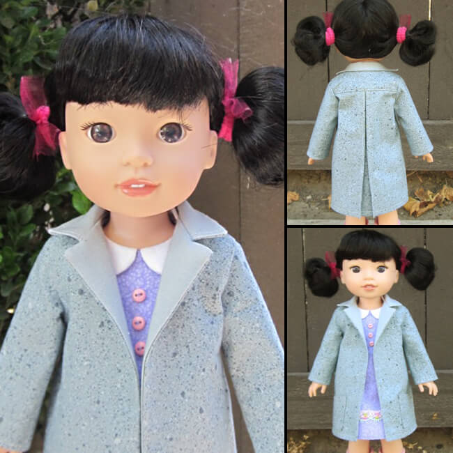 Mary H. made this vintage-inspired coat for her WellieWishers® Emerson using a tweed-look print and Lee & Pearl Pattern 1025: She Blinded Me with Science Unisex Lab Coat, Unlined Coat and Safety Goggles for 18 inch, 16 inch and 14 1/2 inch dolls. We packed this pattern with just-like-the-real-thing features, then added a couture touch: a back yoke with invisible shaping for a perfect fit. Find this pattern in the #leeandpearl Etsy shop at https://www.etsy.com/shop/leeandpearl