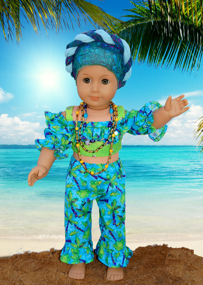 Vicky (honeychile on Etsy) made this picture-perfect ensemble for her American Girl doll using our 2016 FREE pattern for Lee & Pearl mailing list subscribers — 1035: Olá Brasil! Samba Top, Bahia Dress, Baiana Headwrap and Jewelry Tutorials for 18 Inch Dolls. Join our mailing list at www.leeandpearl.com to get your own copy of this wonderful pattern!