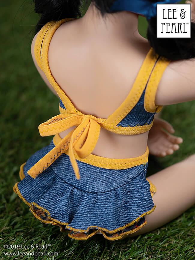 Welcome summer with Lee & Pearl and our prettiest doll swimsuit pattern — Pattern 1058: Retro Ruffled Swimsuit and High Waisted Bikini for Dolls — NOW AVAILABLE for 16 inch A Girl for All Time® dolls and 14 1/2 inch WellieWishers® and similar dolls, as well as 18 inch American Girl® dolls.