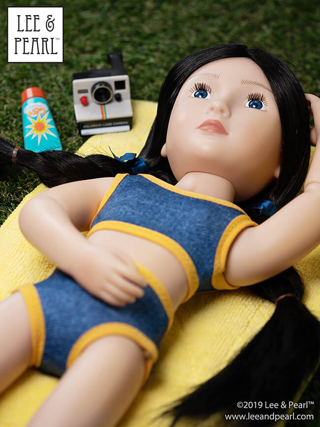 Welcome summer with Lee & Pearl and our prettiest doll swimsuit pattern — Pattern 1058: Retro Ruffled Swimsuit and High Waisted Bikini for Dolls — NOW AVAILABLE for 16 inch A Girl for All Time® dolls and 14 1/2 inch WellieWishers® and similar dolls, as well as 18 inch American Girl® dolls.