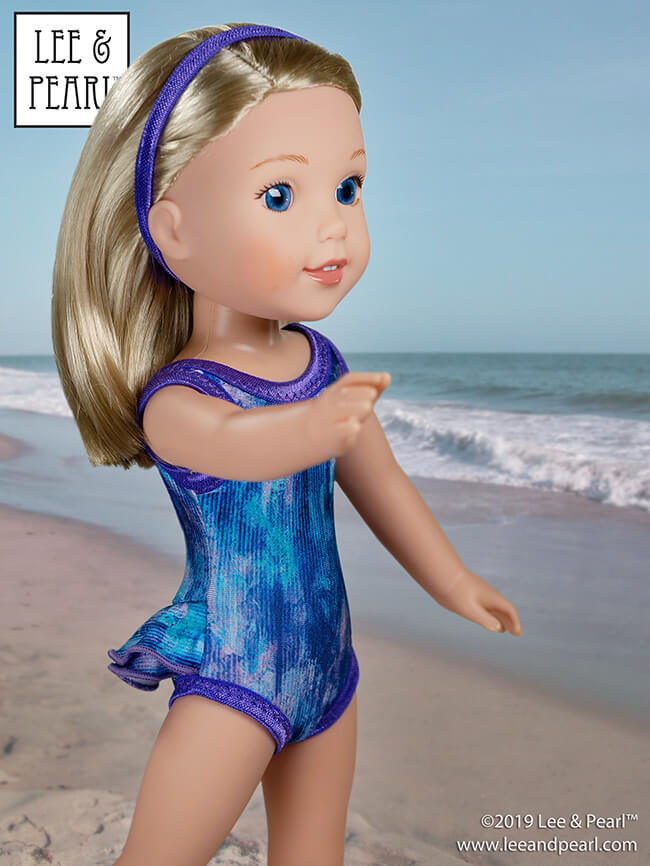 Welcome summer with Lee & Pearl and our prettiest doll swimsuit pattern — Pattern 1058: Retro Ruffled Swimsuit and High Waisted Bikini for Dolls — NOW AVAILABLE for 16 inch A Girl for All Time® dolls and 14 1/2 inch WellieWishers® and similar dolls, as well as 18 inch American Girl® dolls.