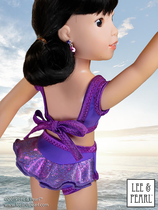 Welcome summer with Lee & Pearl and our prettiest doll swimsuit pattern — Pattern 1058: Retro Ruffled Swimsuit and High Waisted Bikini for Dolls — NOW AVAILABLE for 16 inch A Girl for All Time® dolls and 14 1/2 inch WellieWishers® and similar dolls, as well as 18 inch American Girl® dolls.