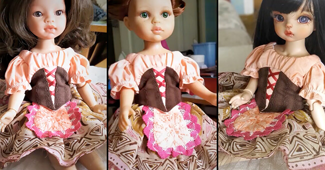 Look who's making Lee & Pearl Pattern 1078: Village Dance Peasant Style Ballet Bodice and Detachable Apron for Dolls! Within days of the pattern release, we received a glowing review that included the most wonderful photos of a doll we’d never seen before wearing the bodice with a peasant-style version of our Pattern 1072: Corps de Ballet Romantic Tutu, as well. CLICK THROUGH for more details!