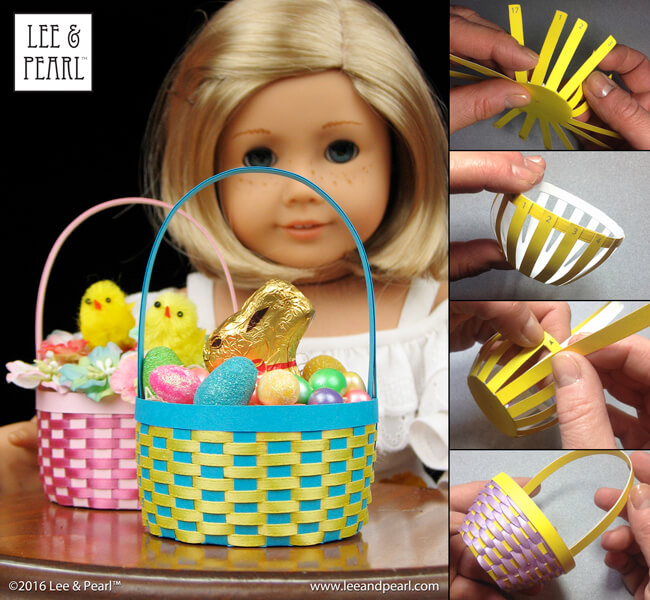 Make adorable Easter baskets for 18 inch dolls. Download the FREE Lee & Pearl Easter basket printable and tutorial eBook!