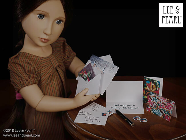 All this week, we have showcased last minute gift ideas for 18 inch doll lovers in Lee & Pearl newsletters. Today, we have doll GIFTS FOR YOU. Please download and enjoy our FREE contemporary Christmas card printable, FREE vintage Christmas card printable, FREE Holiday Stocking pattern and FREE Knitted Slipper pattern for dolls. Happy Holidays and Merry Christmas from Lee & Pearl!