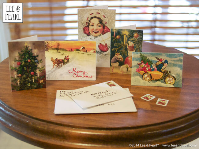 It's Day Four of Lee & Pearl Cyber Week, and we have lots of doll treats for you — a round-up of all our previous Christmas and Chanukah holiday crafts, like these charming vintage Christmas cards for dolls.