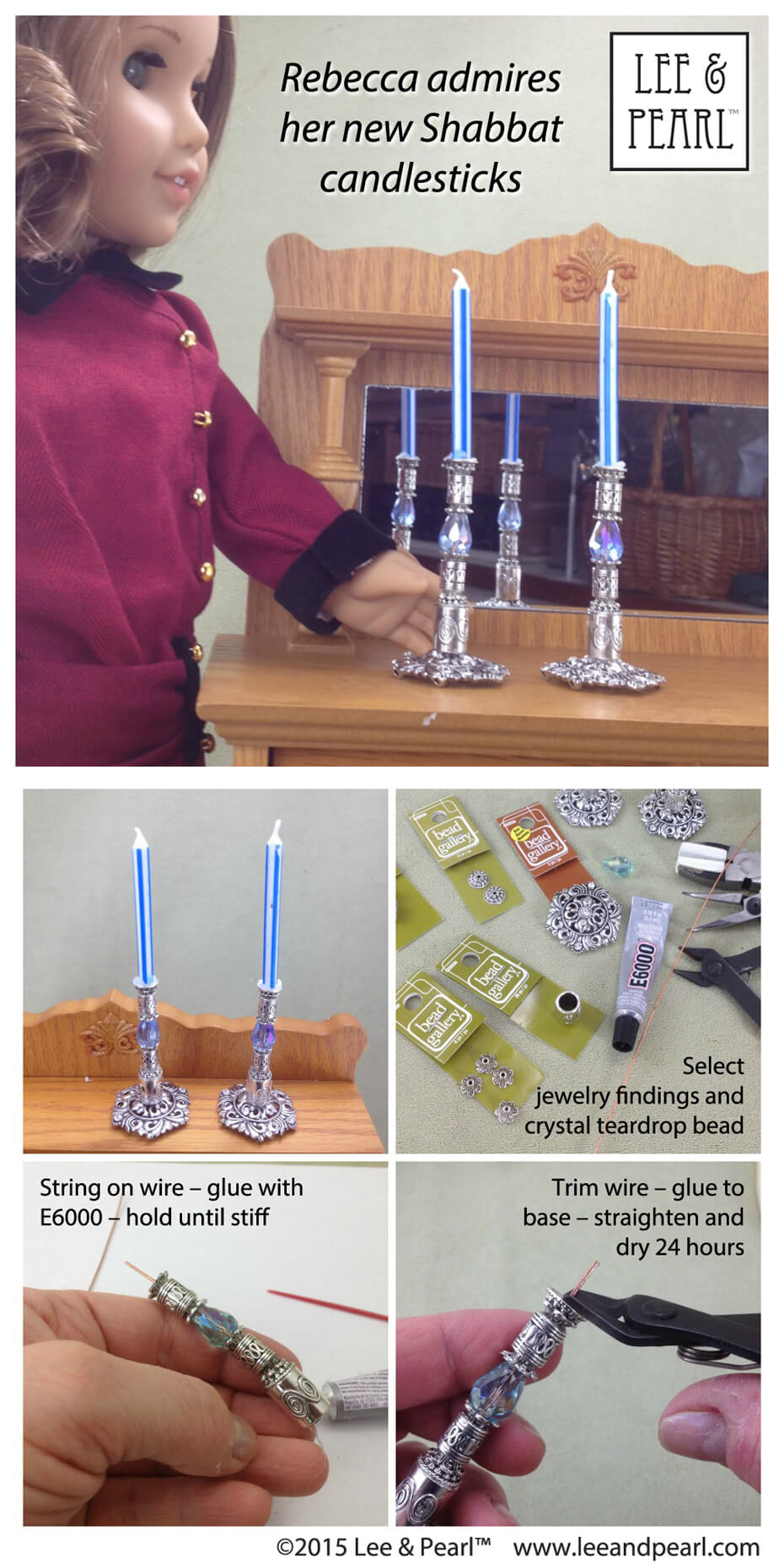 Make these beautiful "silver" candlesticks for American Girl® doll Rebecca Rubin® using jewelry findings, wire and E6000 glue