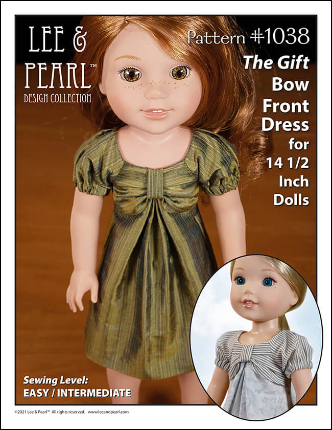 We are thrilled to welcome back Lee & Pearl Pattern 1038: The Gift Bow Front Dress for 18 Inch American Girl, 16 Inch A Girl for All Time and 14 1/2 Inch WellieWishers and similar dolls, which is now available for purchase in the Lee & Pearl Etsy shop in each size separately, or as a multi-size pattern at a reduced bundle price.