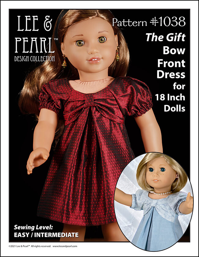 We are thrilled to welcome back Lee & Pearl Pattern 1038: The Gift Bow Front Dress for 18 Inch American Girl, 16 Inch A Girl for All Time and 14 1/2 Inch WellieWishers and similar dolls, which is now available for purchase in the Lee & Pearl Etsy shop in each size separately, or as a multi-size pattern at a reduced bundle price.